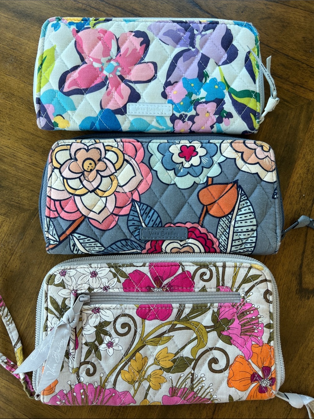 Three Vera Bradley Floral Quilted Zip Wallets